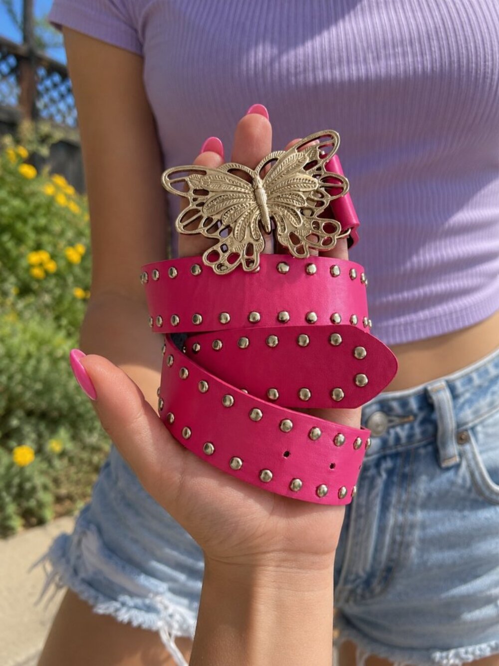 Hot Pink Faux Leather Studded Belt with Gold-Tone Butterfly Buckle